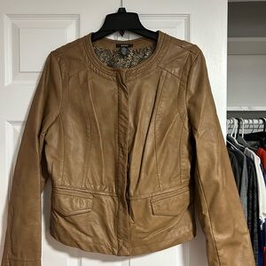 Alfani Camel/Tan Leather Jacket with Round Neck